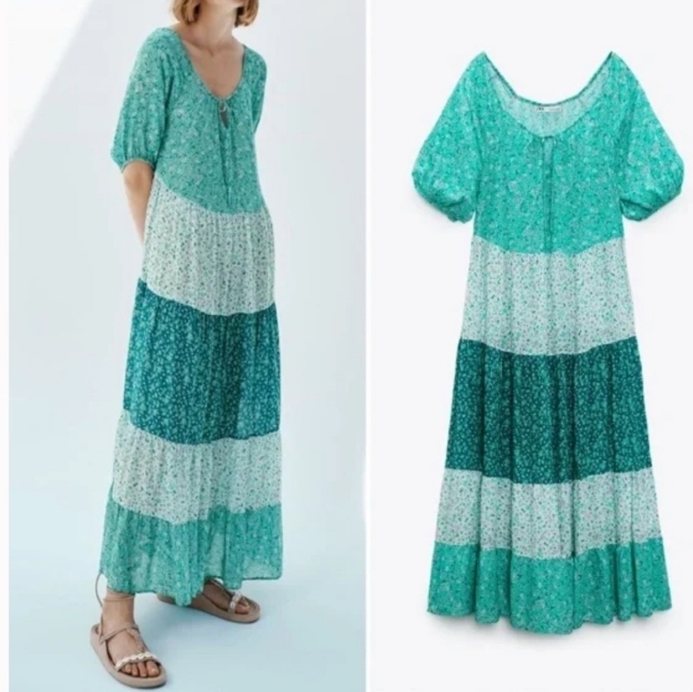 ZARA Ditsy Floral Cottagecore Prairie Tiered Boho Puff Sleeve Green Maxi Dress S